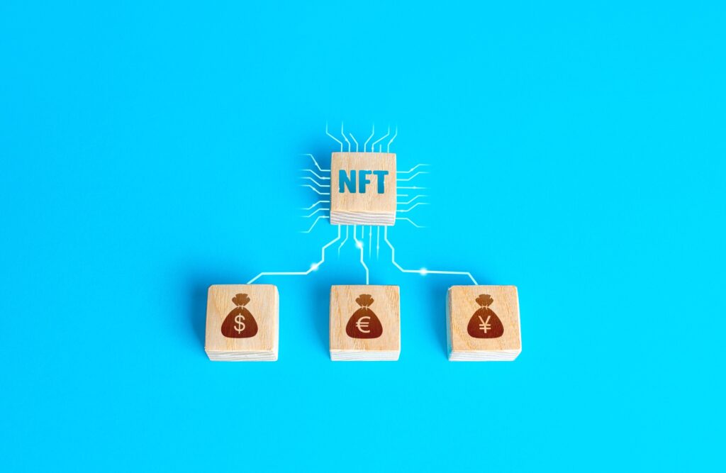 Blocks NFT non-fungible token and money connected by lines. Selling digital assets and art