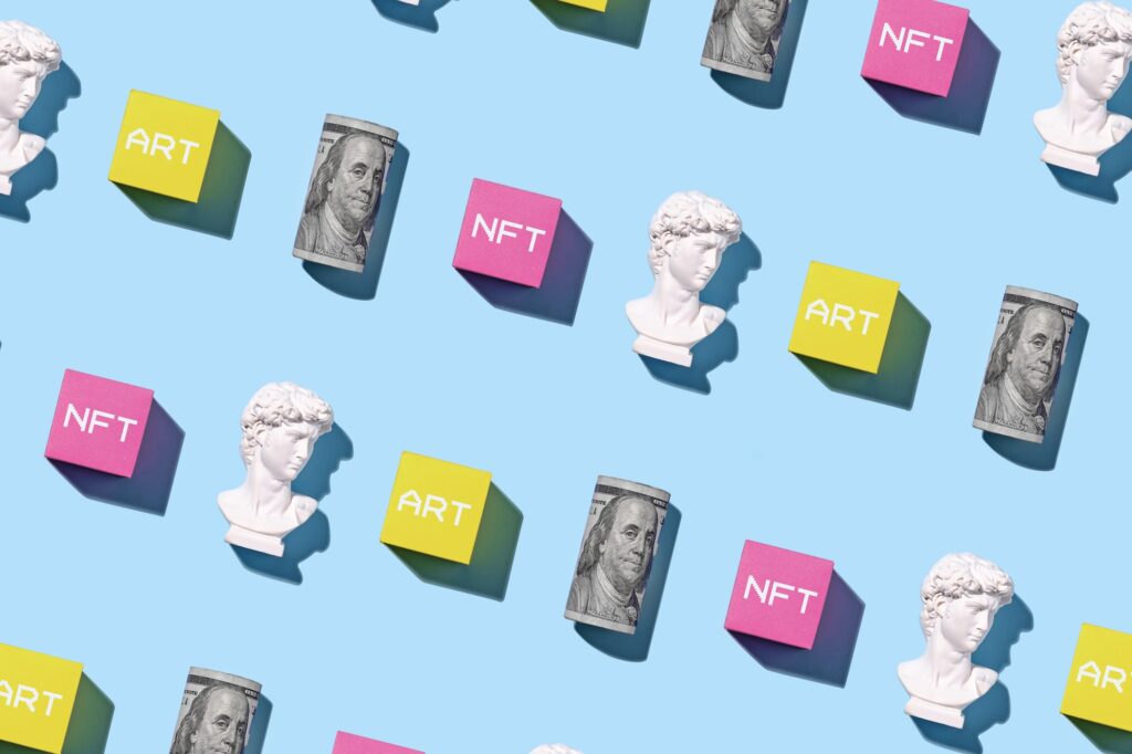 Pattern with bust of David, dollar statue and blockchain token.